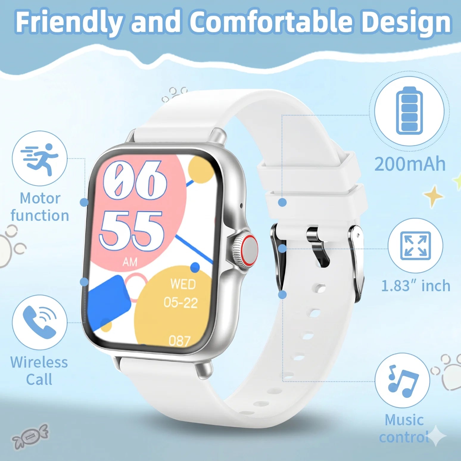2026 Kids Smartwatch 1.83” HD Touch Screen Three-Ring Health Monitor Games Alarm Calculator Birthday Gift Watch for Children