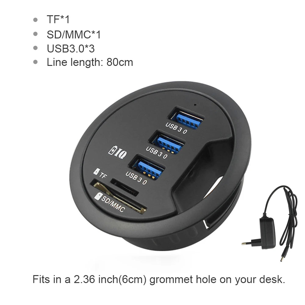 6-in-1 Desk Mount USB 3.0 Hub – SD/TF Card Reader, Headphone Jack & USB-C Port | AKT TECH