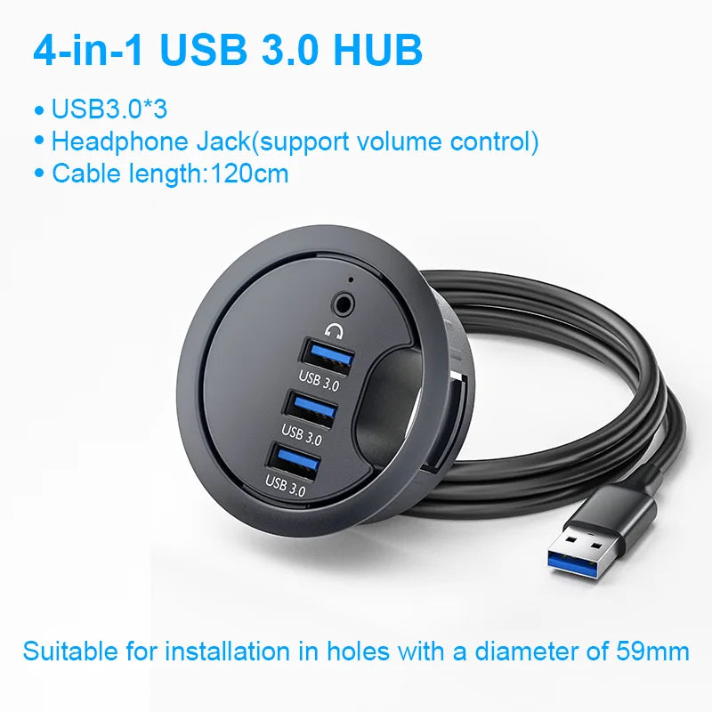 6-in-1 Desk Mount USB 3.0 Hub – SD/TF Card Reader, Headphone Jack & USB-C Port | AKT TECH