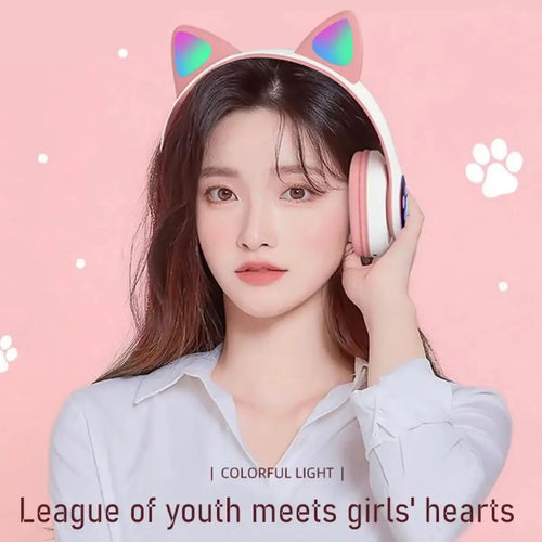 Cat Ears Bluetooth Headphones – LED Flashing Light, Pink Stereo Wireless Headset for Kids & Girls