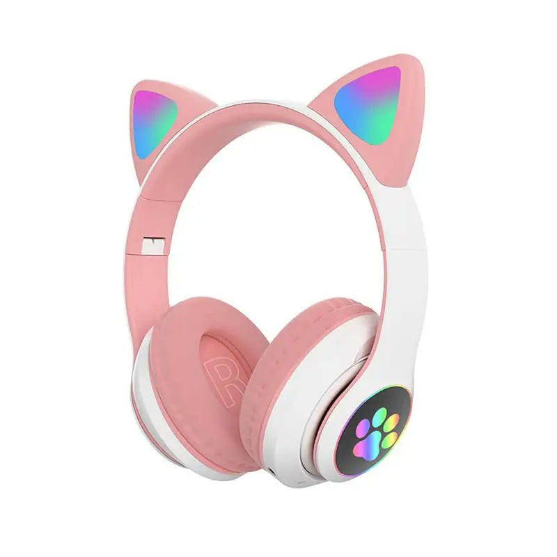 Cute Cat Ears Headphones Bluetooth Wireless Gaming Headset with Flashing LED Light Pink Stereo Music Earbud for Kids Girls Gift