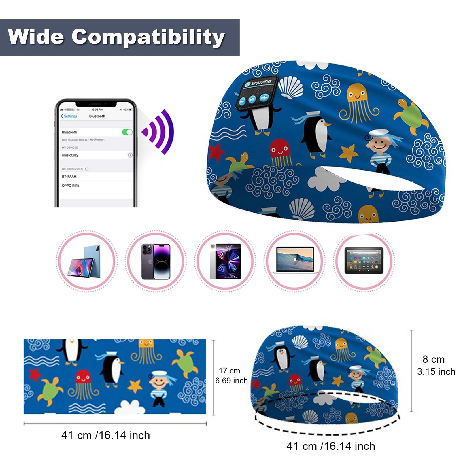 Kids Cartoon Bluetooth Headphones Headband Wireless Sports Music Headset Sleeping Head Band with HD Microphone for Boys&Girls