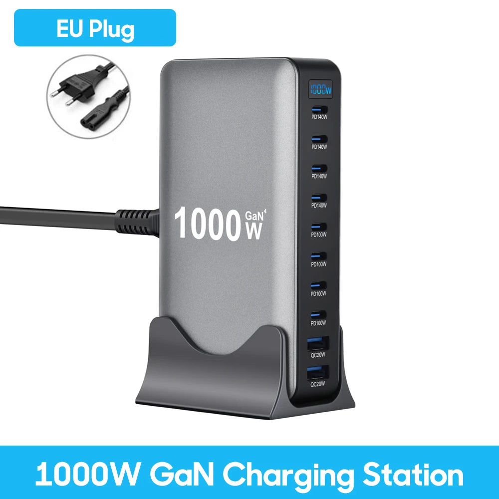 1000W 10-Port GaN Desktop Charging Station – 140W PD Fast Charge for MacBook, Laptop & Phone | AKT TECH