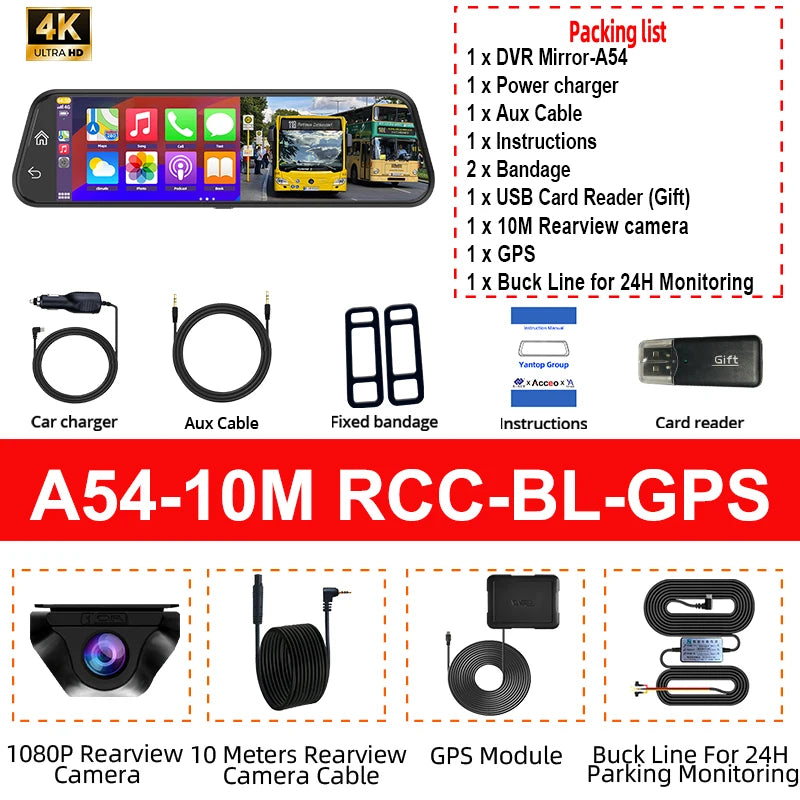 4K WiFi Dash Cam with CarPlay, Android Auto & GPS – 12" Touch Screen Night Vision | AKT TECH