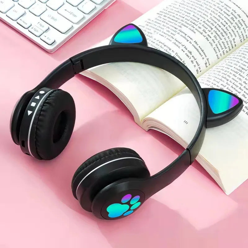 Cute Cat Ears Headphones Bluetooth Wireless Gaming Headset with Flashing LED Light Pink Stereo Music Earbud for Kids Girls Gift