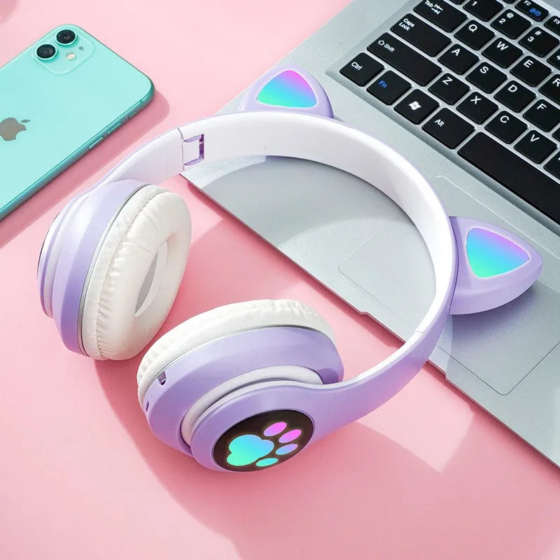 Cute Cat Ears Headphones Bluetooth Wireless Gaming Headset with Flashing LED Light Pink Stereo Music Earbud for Kids Girls Gift