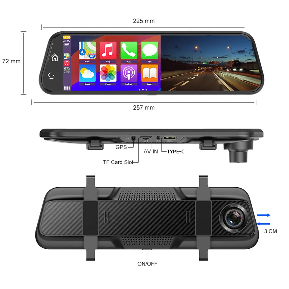4K WiFi Dash Cam with CarPlay, Android Auto & GPS – 12" Touch Screen Night Vision | AKT TECH