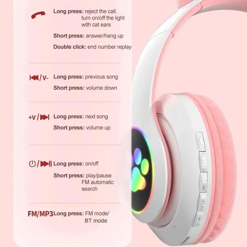 Cute Cat Ears Headphones Bluetooth Wireless Gaming Headset with Flashing LED Light Pink Stereo Music Earbud for Kids Girls Gift